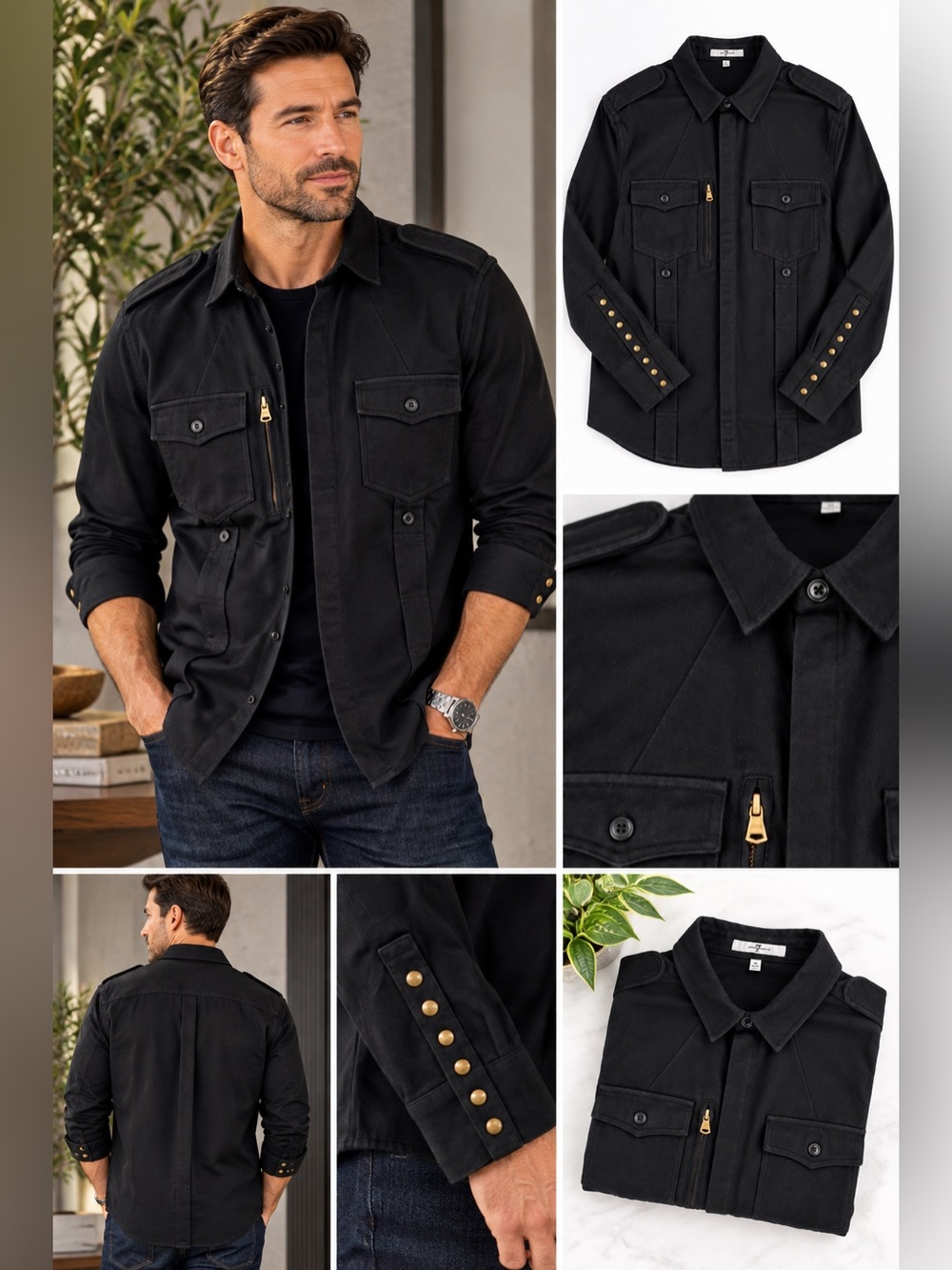 7 FOR ALL MANKIND - Black Military Studded Shirt Jacket